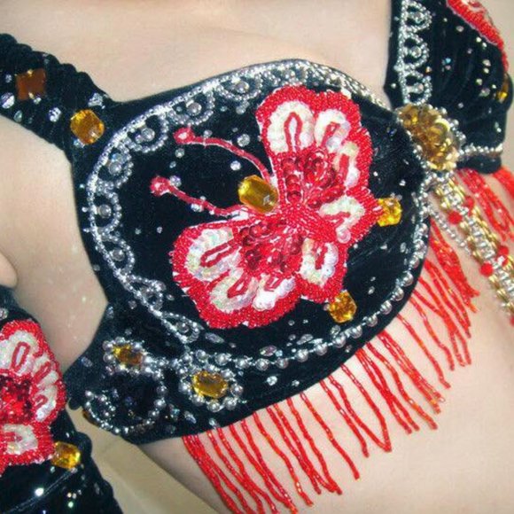 Ameynra BellyDance Costume Black-Red Full Set Sz S - Picture 2 of 4